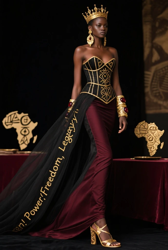 In this (masterpiece, photorealistic:1.4), runway fashion photograph, witness the mesmerizing allure of the (Goddess African Queen), as she graces the stage with her (Nigerian aura:1.2), and regal presence. She wears a (cyan African dress with gold embellishments:1.2) that beautifully accentuates her figure, featuring a (high thigh slit:1.2) that adds a touch of allure. She is extremely beautiful with the most amazing smile, (perfect eyes:1.2), (perfect body:1.1), The full-body photography (IMAX quality:1.3), captures her in all her glory, with (sharp details:1.2), highlighting the intricate craftsmanship of her attire. Her (detailed face:1.2), showcases her natural beauty, radiating confidence and elegance. Rest assured, there are no extra fingers in this finely crafted image. The scene is (zoomed out:1.1), to encompass the grandeur of the moment, with a (fur cape:1.1), cascading behind her, adorned with a tiger head texture. Her (braided hair:1.1), adds an authentic touch to her African-inspired look. As she strides with grace, the (full audience:1.1), watches in awe, surrounded by (wave art:1.1), that creates a surreal and enchanting atmosphere. She holds an (African Staff:1.1), in her hand, symbolizing her power and authority. Her attire is further complemented by exquisite (Egyptian jewelry:1.1), that enhances her regal appearance. The photograph is taken with a (35mm film camera:1.1), capturing the richness of the moment with (bokeh:1.1) that adds a touch of magic. This (professional, highly detailed:1.1), image transcends reality, transporting the viewer to a (dreamlike:1.1) and enchanting realm, celebrating the beauty of African culture and fashion on the runway, (realistic, photo-realistic:1.37).