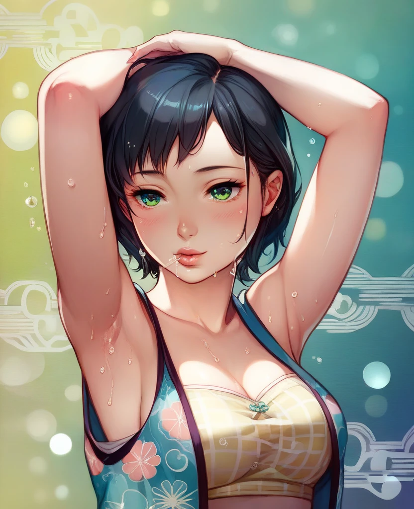 (mature female:1.4), short hair, pony tail, multiple hair clip, black hair color, black bikini, pink shawl flower motive, seductive smile, shy, freckles, blush face, blue sky, seashore, arms behind head, hair over one eye, dynamic lighting, high contrast, two tone lighting