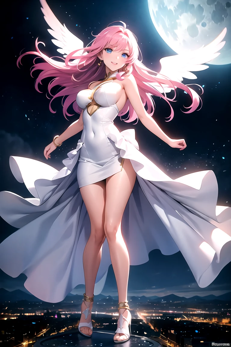 masterpiece, best quality, highres, anime, lacus1, 1girl, solo, lacus1, 1girl, solo, pink hair, straight hair, hair ornament, white detached sleeves, blue eyes, white dress, purple skirt, long skirt, very long hair, bare shoulders, large breasts, (skirt lift:1.3), (thong:1.4), nipple