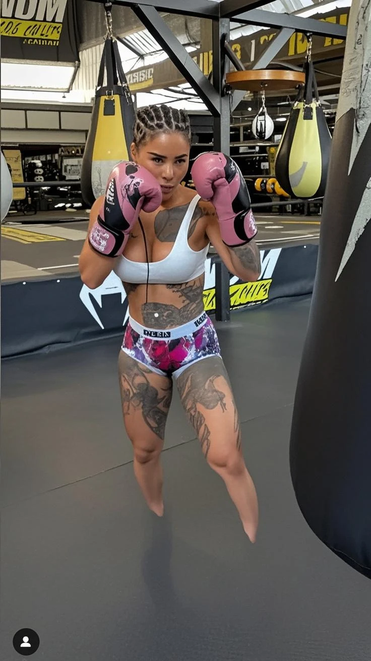 ((masterpiece, best quality)), (Punk Caucasian female wrestler in white bra and white cotton panties), short combed back hair, in a changing room, heavily tattooed, ear gouging, heavy makeup, black lipstick, shapely posterior, photo realistic, intricate details, 80's film, 80's movie style, 80's TV commercial