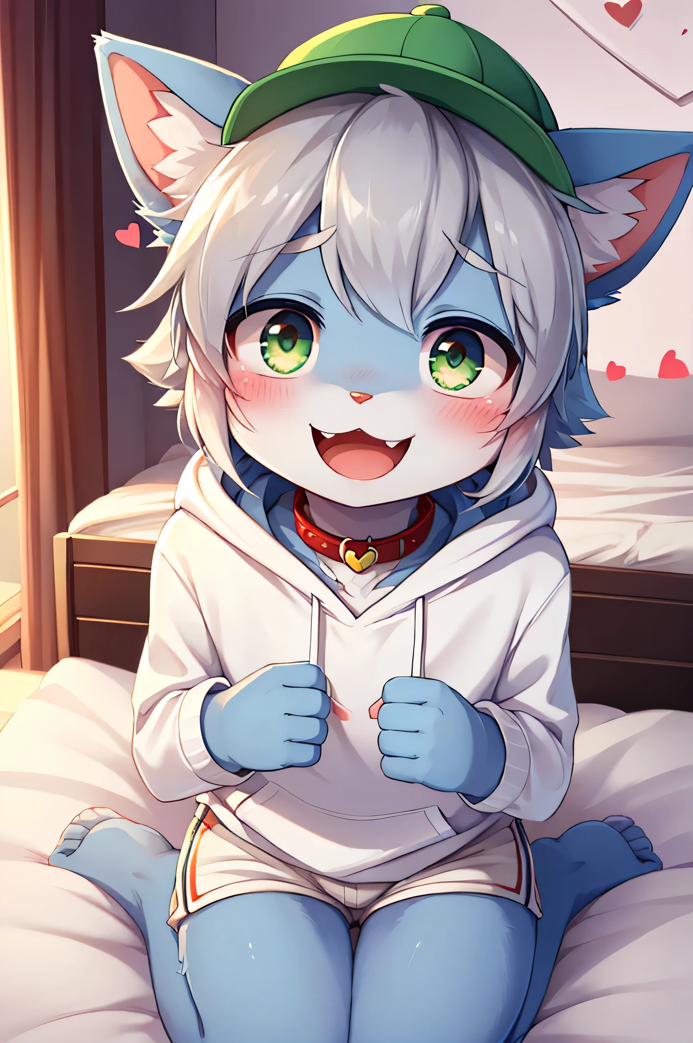  very detailed な, very detailed , gray hair with blue fur ,,male,骨を見てExcited,Heart Eyes,participate,Red collar, green white and colored hat, cute face, fluffy fur like one,Excited,Horny boy,Smiling face, Stylish Room,：cutesy poo [pie]：say in simpery voice,：act cute to guys﻿,kitten,Dropped ears,Beautiful room,,Cheek your hands ,Heart Eyes,Want, into white shorts,WHITE SHORT SLEEVE HOODIE 