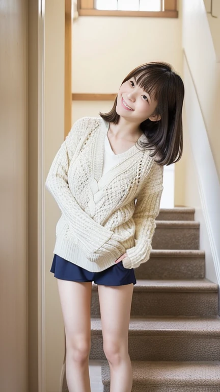 (((Japanese)))(10-year-old girl) ((((10-year-old girlが一人、alone)))) whole body写真 Full Shot Medium Short Hair Low ponytail whole body Thighs Oversized with long sleeves and hem(mesh)sweater Gathered skirt Black pantyhose cute Moe sleeves Long sleeves Shot from between the legs Spread your legs Spread your legs Smile and squint between legs