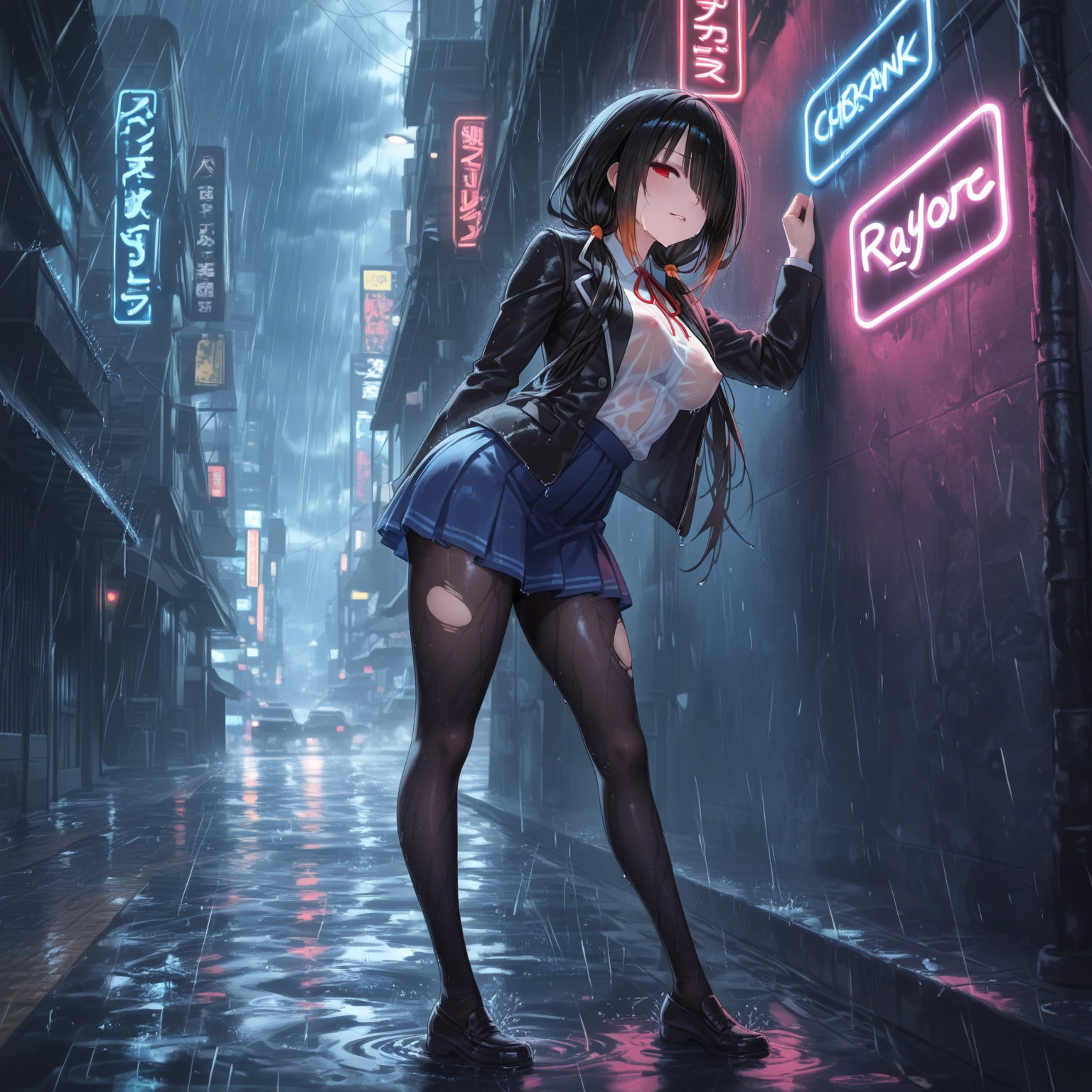 (best qualtiy, tmasterpiece:1.3), 1girll, Rainy days, alleys, Umbrellas, huge tit, Holding a large transparent umbrella in his hand, looking at viewert, whaite hair, facing the photo, Cyberpunk-city, Alone in the alley, Neon lights in the alley, Very reflective city, long whitr hair, Hair-sized strands cross the alley, Riman, jpn, toyko, Garter belt on one leg, Knee pads on the other leg, perfect hand, delicated, the night, watery big eyes, Crystal earrings, Bad laughs, aqua eyes