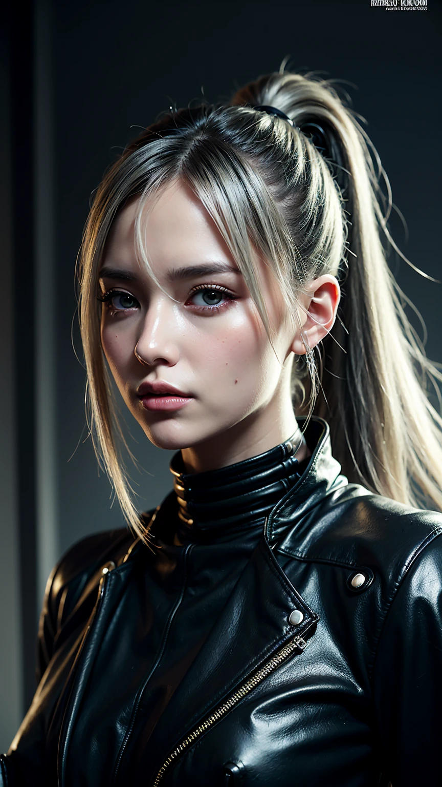 full body, 1girl, slender, lean with defined muscles, 21years, wearing fancy leather clothes, pale white skin, silver hair, braided ponytail, (perfect ears), hair behind ear, long hair, very long hair, undercut, mismatched sclera, half-closed eyes, glaring, longeyelashes, solid circle eyes, amber eyes, pointy ears, evil smile, seductive smile, Gothic art, Realism, Op art, Cubist Futurism, optical illusion, backlighting, cinematic lighting, depth of field, gray flat solid background, front view, first-person view, Eye-Level Shot, f/1.8, 135mm, Fujifilm, Sony FE GM, masterpiece, anatomically correct, super detail, textured skin, UHD, studio photo.