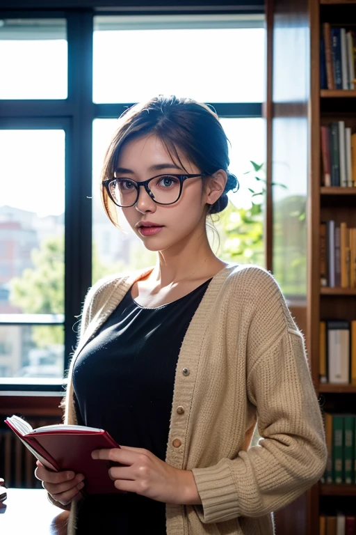 (8k, RAW photos, highest quality). (Realistic, Photorealistic: 1.25). Japanese. Pitiable. 1 female. Library. Professional lighting. Photon mapping. Big tits. Office casual. You can see the cleavage well. The chest is wide open. Gal. Lots of lashes. Pure black eyeshadow. Pink lip. Pitch black heels. Smiling face. Double eyelid. Glasses.