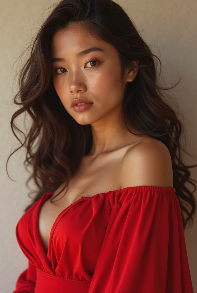 full body shot of a highly realistic beautiful girl with light honey Toned skin and black 3A type curly long, hair reaching her waist and puffy while parted to the side and covering one side of her face, wearing a Knotted Flared Sleeve Elegant Solid Open Front Blouse and dark red satin shorts looking graceful with light eye color and plump lips and sitting by the ocean shore, 165 cm, 55 kg, beautiful body type, ultra-detailed, 8k, Portrait photography, realism, Super photoreal, hyperreal, photorealistic