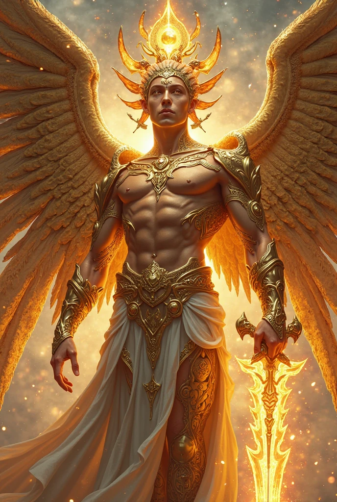((best quality)), ((masterpiece)), (detailed), Of course.
Eragon is a tall and muscular male angel who stands at a height of 6'8. He has shoulder-length white hair that is slightly curled and held back into a loose bun in the back. His eyes are a beautiful and pure, glowing gold. Eragon possesses golden skin with a fair pallor and several scars. A pair of large, glowing golden-white-blue wings adorned his back. He wears a tight and revealing outfit, one that perfectly accentuates his muscular build and smooth skin. A golden necklace of ouroboros hangs from his neck.