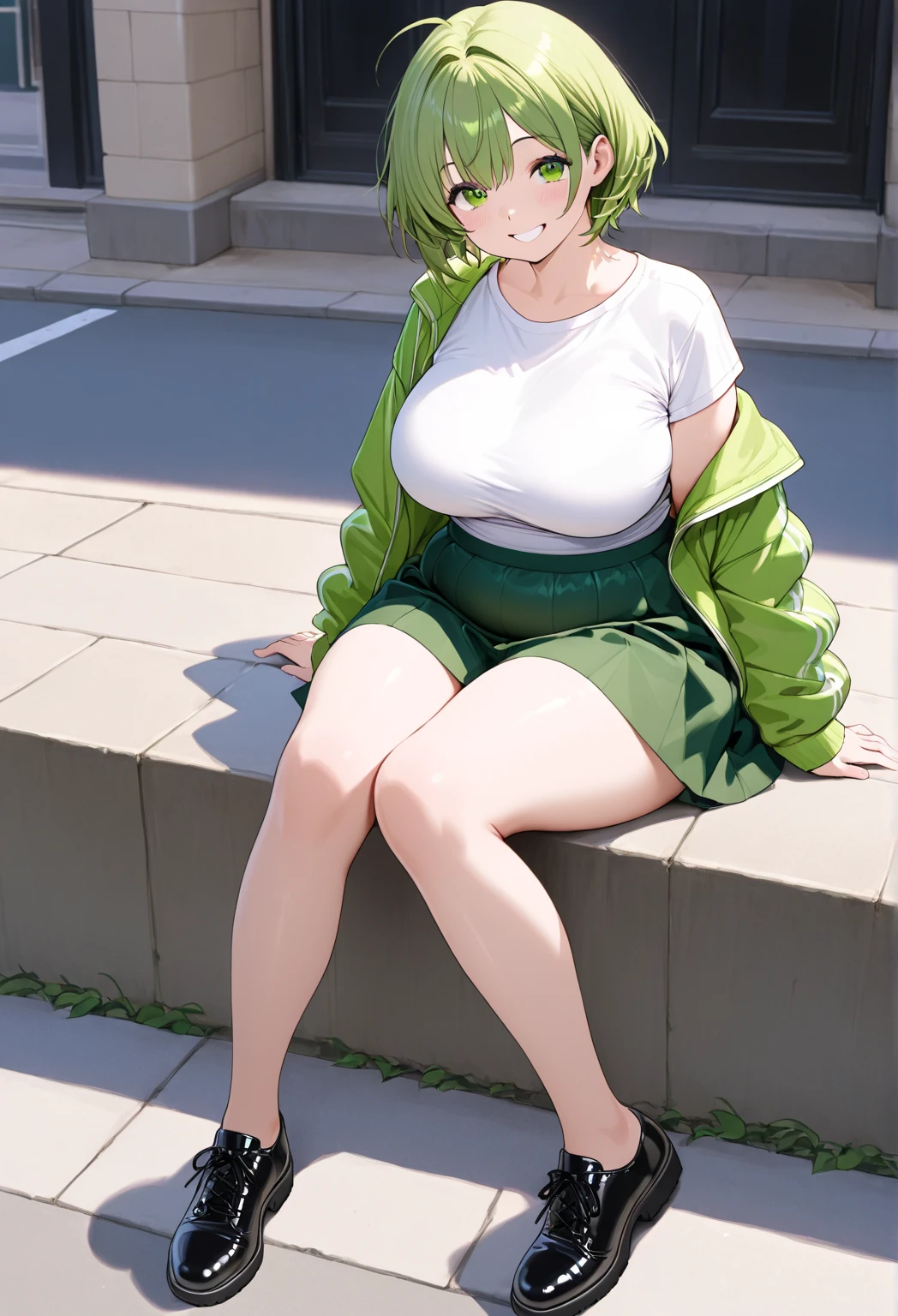 kiriko overwatch , thighs, full body, white high heels, nude tits, sitting, pussy, wide hips, green hair