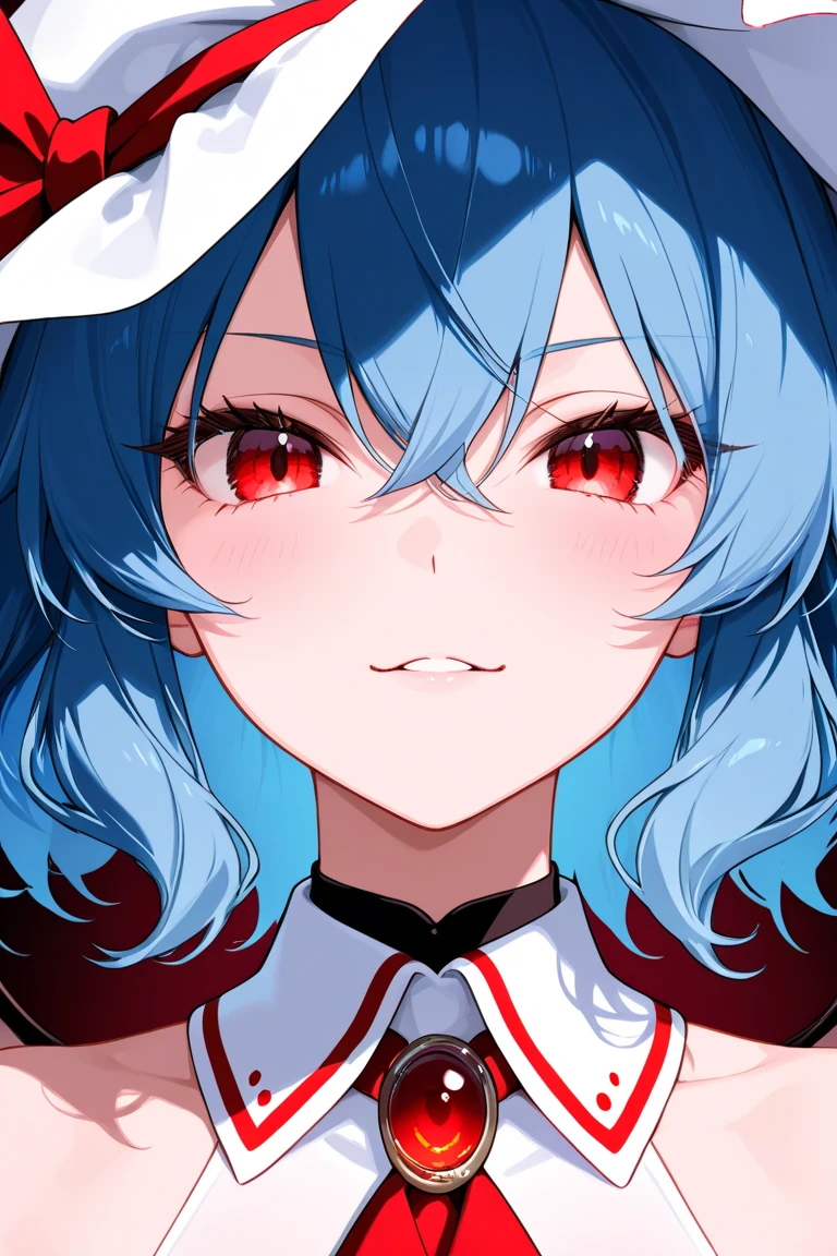 (((Remilia Scarlet))), (bat wings), (a vampire), short hair, (((blue hair))), ((standing)), ((((face close up)))), ((jacket, tight shirt)), evil smile,, 