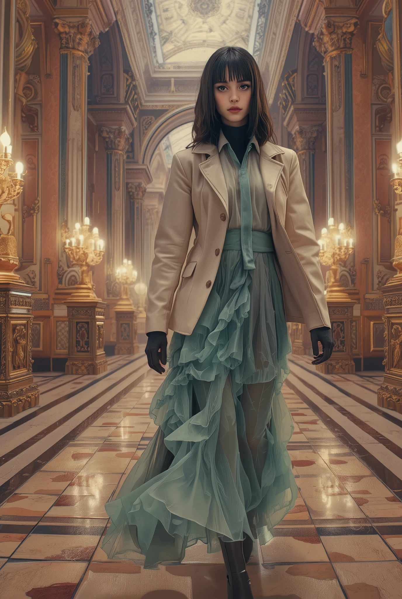 young complicated woman in the royal palace, Wide-angle lens/2.8, Ultra High Resolution Complex Textures, Texture Indentation, The perfect perspective, Perfect Geometry, Ultra Crazy Ambient Lighting , Super Crazy Ambient Shadows, Luminism, super detailed busy background , tessellation, maximalism , Perfectionism, An IPA Award-Winning Masterpiece,