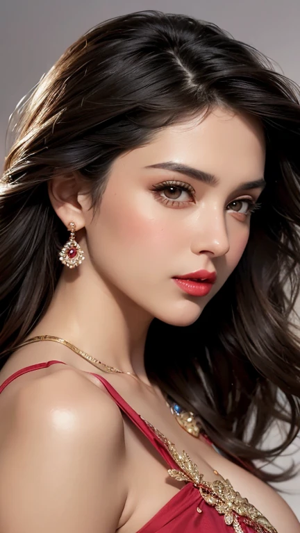 perfect pink eyes, fantastic face, Indian, beautiful look, ((red lips, bright eyes, curve heir 1.5)), ((beautiful details very big breast )), (Straight round and ultra huge clevage, not sagging breast), A glorious gorgeous, glorious gorgeous face, pretty face, bright eyes, detailed elegant printed red saree, updo elegant hair, blurred gray tones background, ultra focus, face ilumined, face detailed, 8k resolution, painted, dry brush, brush strokes, razumov style and garmash style, by Tokaito, ((Full Open ))