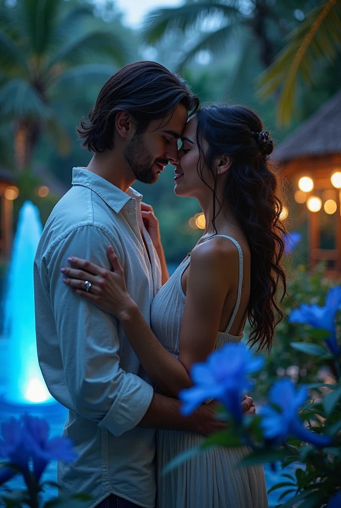 Create a sensual and romantic scene for a song cover inspired by the lyrics of "Wrapped in Love." The image should feature a couple dancing closely under the moonlight, wrapped in each other's arms with an intimate and passionate connection. The background should depict a serene night setting with soft, ethereal light, enhancing the dreamy atmosphere. Use a color palette of deep blues, soft purples, and hints of warm light to create a relaxing and enchanting vibe. The overall composition should focus on the emotional bond and peaceful, private moment shared by the couple.