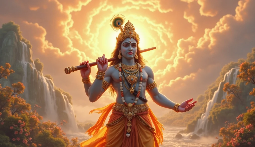 Create an AI-generated image of Lord Krishna using this photo as the base. Ensure that the image reflects Krishna’s divine characteristics such as a peacock feather, flute, and traditional attire