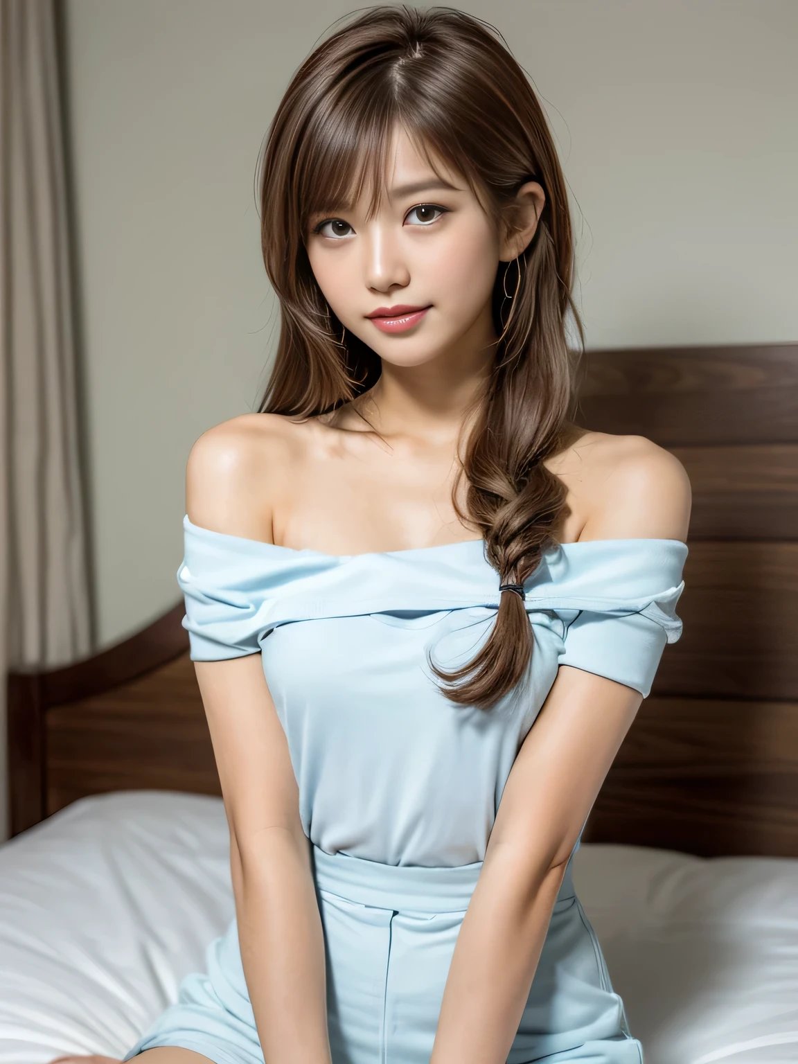 Woman sitting by the lake、Put your hands behind your back、Beauty、Well-formed face、Uniform eyes、20 years old、university student、(((Wearing a long light blue dress)))、Panties are visible between the skirt and legs、Wearing white panties、Wearing pumps、Smiling、Well-balanced proportions、Perfect blue sky、Medium build、Small face、Small Bust、View from below、, light brown hair, crossed bangs, straight hair, floating hair, seductive smile, shiny hair, expressive hair, Surrealism, Verism, cinematic lighting, tachi-e, first-person view, Nikon, UHD, anatomically correct, textured skin, high details, best quality, highres, 8k