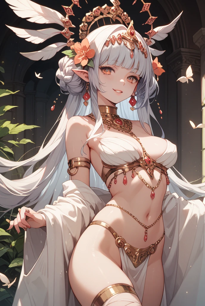 A blue skinned elven woman. She has waist length platinum hair. She has chromatic eyes. She is skinny with small pouting breasts and full curvaceous hips. She has 6 arms modeled after the goddess Durga. She is in a silky translucent belly dancers outfit. She looks seductive. She is belly dancing. She is in a medieval room that is covered with spiderwebs. The window has spiderwebs in it. The moon hangs outside. Show her from head to toe.
