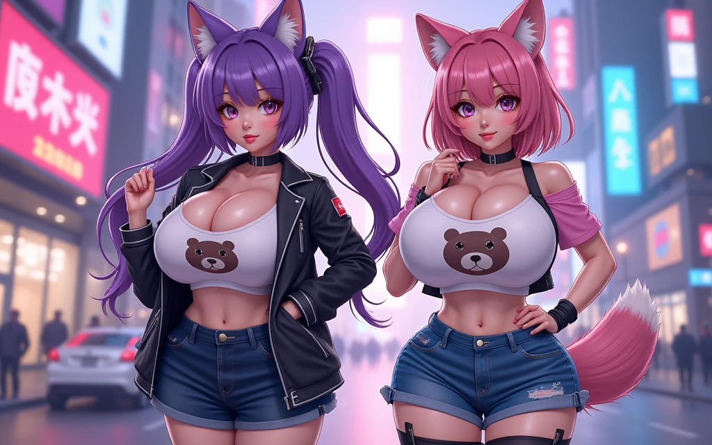 Fox Girl, Big Breasts, Voluminous purple hair, masterpiece , Red eyes、Double teeth、tooth、Blushed cheeks、 hd, Head to Chest, buried in my chest、Underbust、Cleavage、hoodie、hot pants、Black knee socks