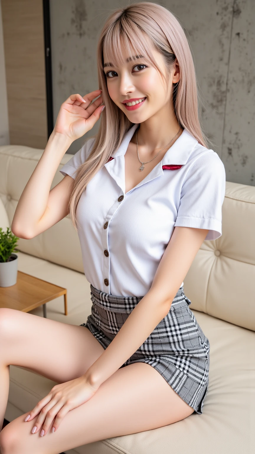 ((masterpiece)),(((Highest quality))),Thin thighs,Long legs,An 18-year-old woman standing on the steps of her school,Japan uniform:1.5,White camellia floral lace bra:1.5,open chest white shirt,The best smile,Short-cut blonde:1.5,short side wave,Wearing stylish sneakers,Spreading her legs
