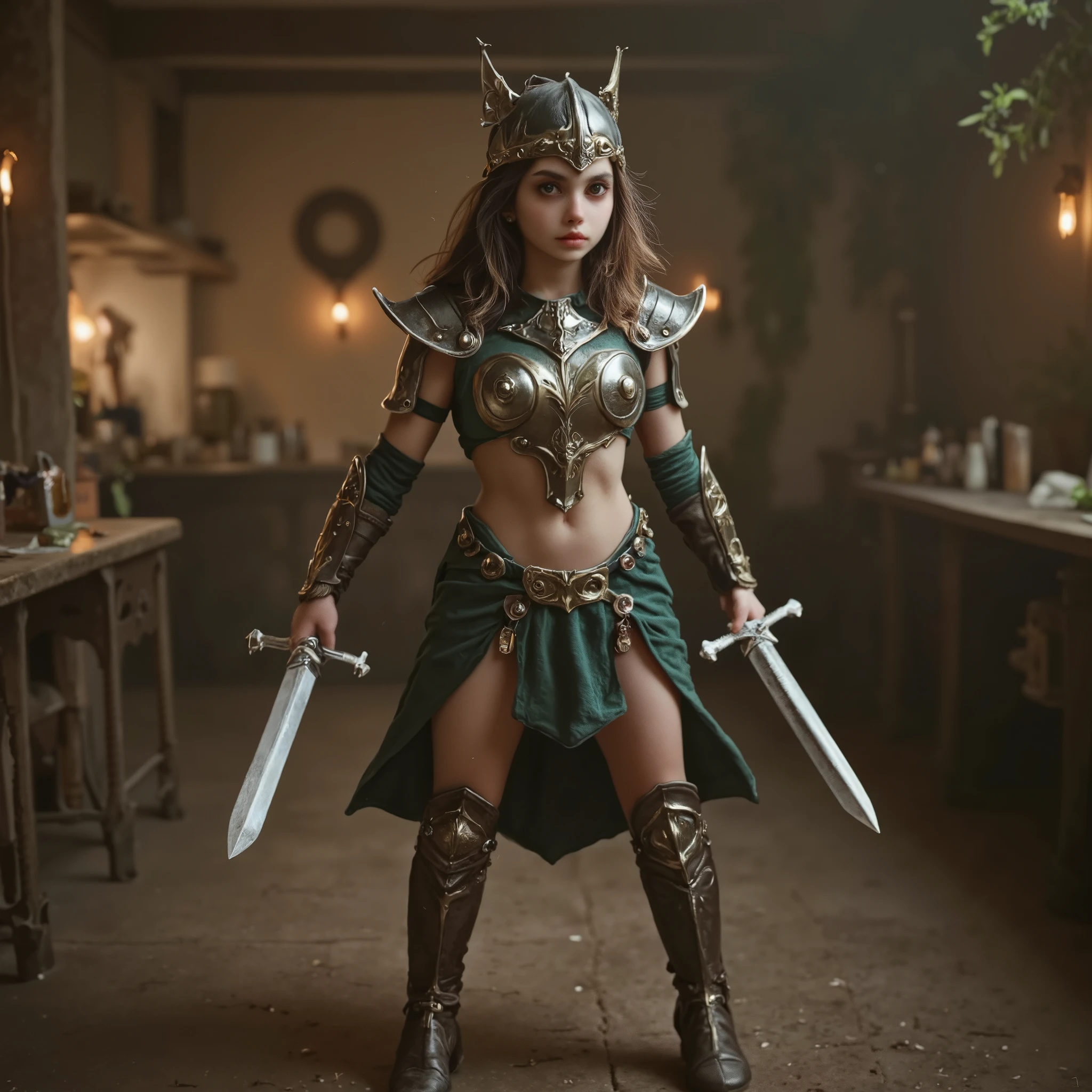 (setting in a fantasy RPG style world in a medieval style fantasy tavern, wide room view, distant shot 1)(In a fantasy world tavern 1)(1 woman solo armor wearing a helmet 1) Break: (complete woman, head to feet, centered side to side as well as up and down 1.99) Break: the girl(Mackenzie Rich) (sweet innocent cutie-pie angelic-beauty young face 1) (English Polish ancestry 1)152cm tall, 50kg mass(silky flowing wavy locks of brown hair 1) (small arched high narrow pencil-thin eyebrows 1) (low round recessed eyes .25) (dark brown irises 1) (long full upper and lower eye lashes 1)(body befit a young royal lady) (sweet soft gentle angelic feminine facial features 1.43) (raised round narrow cheekbones .5) (round chin .5) (short neck .5) (B-cup breasts 1) (round upturned firm perky breasts 1) (round hips 1) (raised semi-hemispherical ass cheeks .5) (sexy legs .5) (firm round full calves 1) (small feet 1) Break: dressed (fantasy style sexy revealing 2 piece leather and strap body armor includes shoulder guards forearm wide bracers 2 piece style with interconnecting strap-work high collar/neck-guard 1) Break: additional armor description (Skimpy armor 1) (armor consists of dark brown leather with dark green straps and highlights 1) Break: ((winged leather helmet 1)) Break: she is posed a long thin dagger in both hands Break: (photo_realistic skin texture 1.5) sharp focus, 8k UHD, DSLR, high quality, film grain, Fuji film XT3, intricately detailed, highly detailed, cluttered and detailed background(masterpiece quality 1)perfect low-level lighting masterful use of shadows dynamic posing 120 Pixel Per Inch k ultra-high resolution((photo-realistic style 1))ultra detailed(hyper-realistic and detailed hair strands 1)(perfect anatomically correct textured teeth 1)(hyper-realistic skin texture skin-cells pores and fine hairs 1)(bright warm ambient lighting 1)(volumetric lighting 1)(ray tracing 1)(diffuse lighting studio lighting 1)(water marks:-ignature:-1)