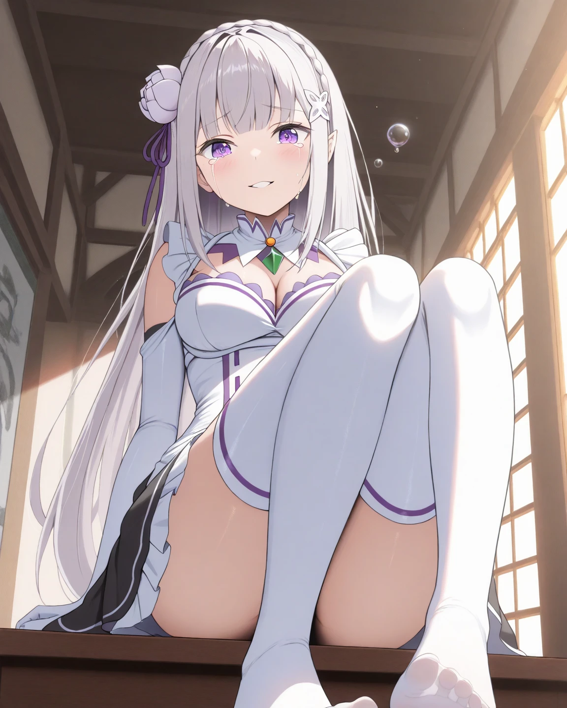Emilia's masterpiece, highest quality,looking at the viewer, Bedroom, night, (on the bed:1),(Doing a presentation:1.2),(best shadow), (moonlit room:1.1),(soft bed linen:1.1),1 girl, naked、spread your legs、naked、smile、show off female genitals