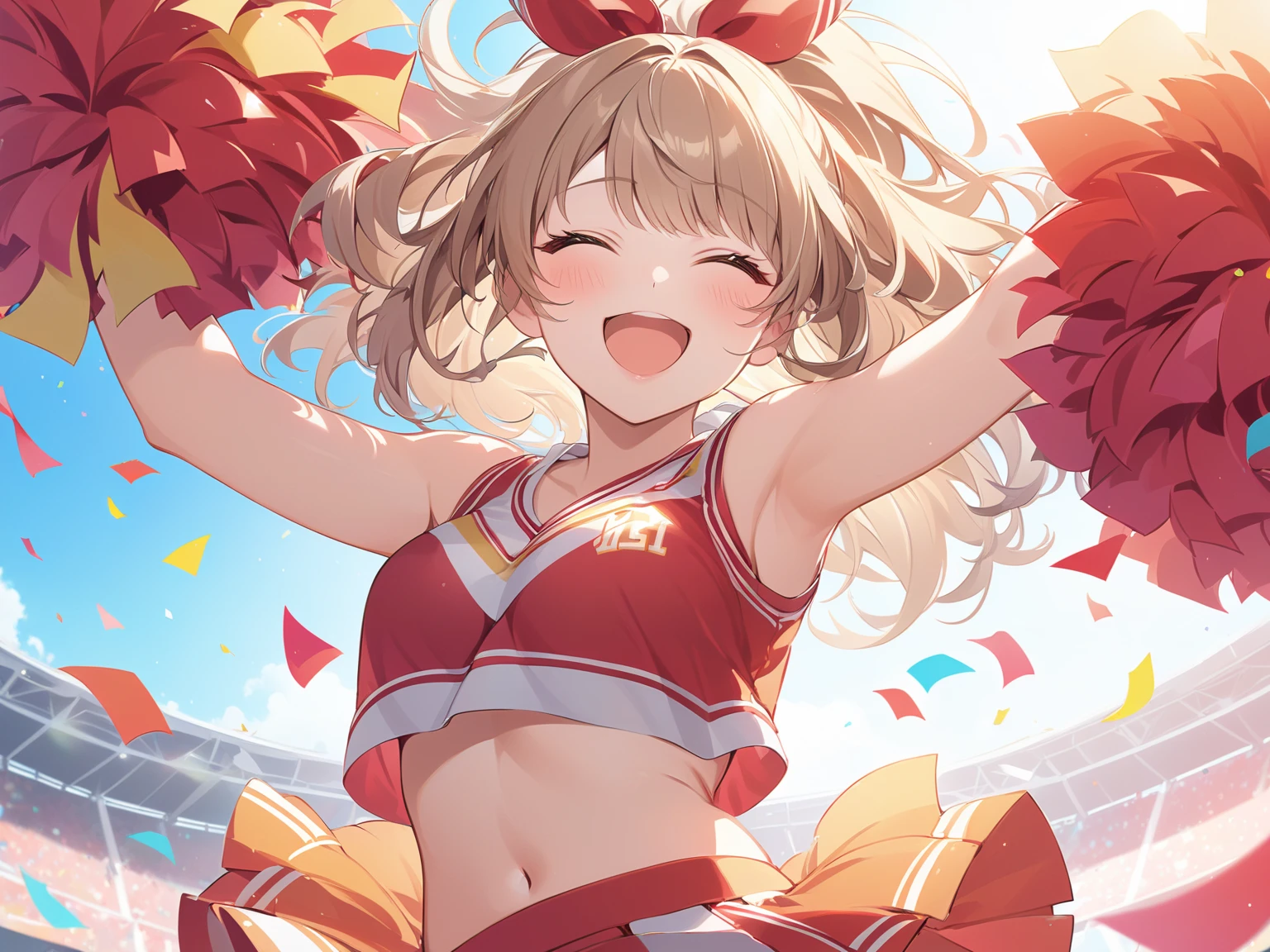 1 beautiful 20 year old girl, anime girl, cheerleader, yellow pom poms, (cheerleaders:1.5), (pompoms:0.8), I'm rooting for you, jumpping, cheer jumps, girly pose, dynamic motion, dynamic moves, football stadium, football field, burst of confetti, cheering crowd, red cheerleader costume, (mini skirt), skirt lift, happy atmosphere, vibrant colors, white trainers, white short socks, white panties, (white panties:1.4), brown hair, bangs, ponytail, wavy hair, expressive hair, shiny hair, hair ornament, hair bow, one eye closed, aqua eyes, glowing eyes, cat ears, earrings, kemonomimi mode, open mouth, smile, blush, bright pupils, seductive smile, happy, red lips, tongue, upper teeth, big round breasts, slim waist, navel, defined body, full body, slim legs, defined thighs, anime, image fill, border, first-person view, pov, three-quarter front angle, perspective, Wide-Angle, macro photo, f/1.8, 85mm, Sony FE GM, 8k, super detail, UHD, retina, masterpiece, accurate, anatomically correct, best quality, highres