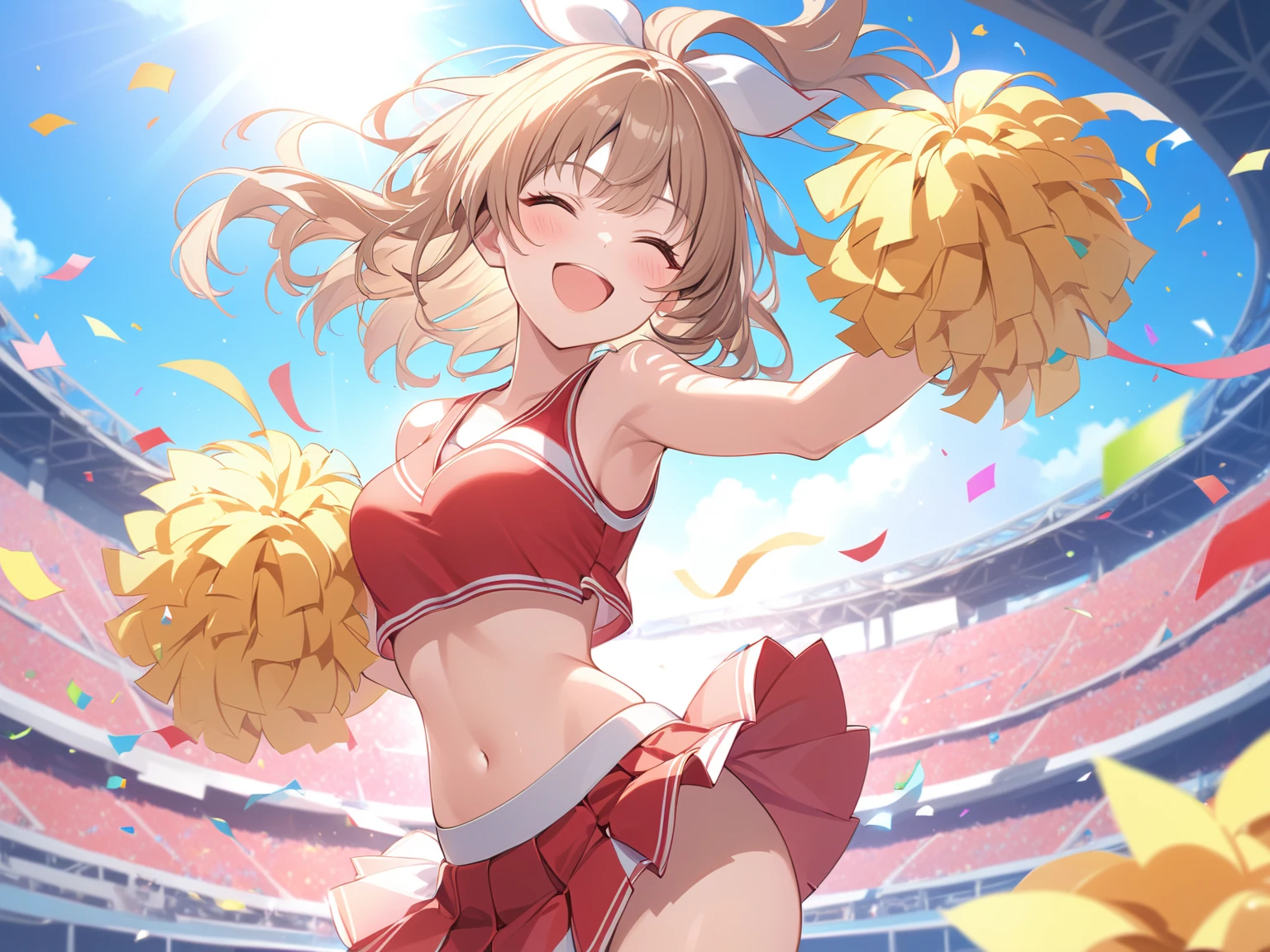 {{{masterpiece}}}, {{{highest quality、cute illustration、real looking skin}}},NSFW、(5 years old、blonde、short hair、red eyes、twin tails、cheerleader costume、Sweat、vapor、blush、dancing、dance、raise your legs high、I can see the pants、high contract、best lighting、most detailed、stadium、Spotlight、confetti、cinematic angle、NSFW