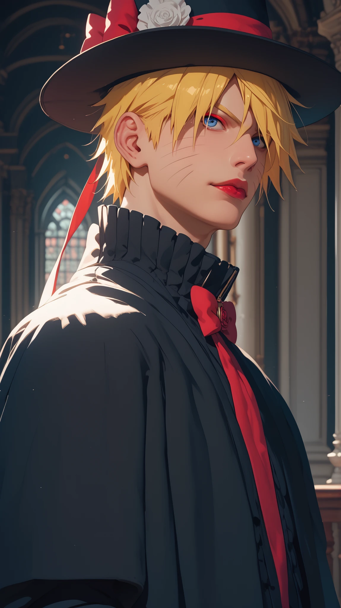 Score_9, Score_8_up, Score_7_up, Score_6_up, Score_5_up, Score_4_up, Tag1, Tag2, Quality_masterpiece, Absurd res, Anatomically correct, Handsome face, Perfect face, Highly detailed Handsome face and eyes, Attractive face, Detailed face, Delicate facial features, Detailed skin, Alternate Modern Universe Of Naruto Series, Uzumaki_Naruto, Blonde Hair, Blue Eyes, Spiky Hair, Red Lips, Thick Red Eyeliner, Standing, Wearing Victorian-Gothic Clothes, Victorian-Gothic Hat, Hat Covering Of His One eyes, ((Face Without Whisker Version : +1.5)).