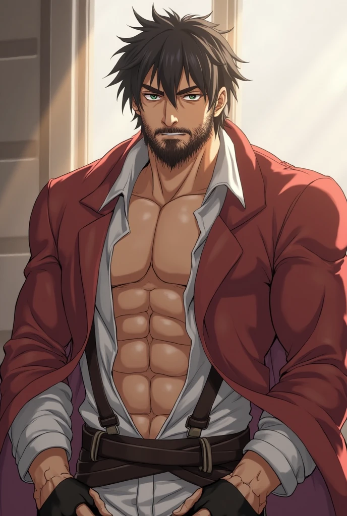 "A shapeshifter with curly  hair, Dove Grey eyes, and stubble, male character dressed in lingerie."