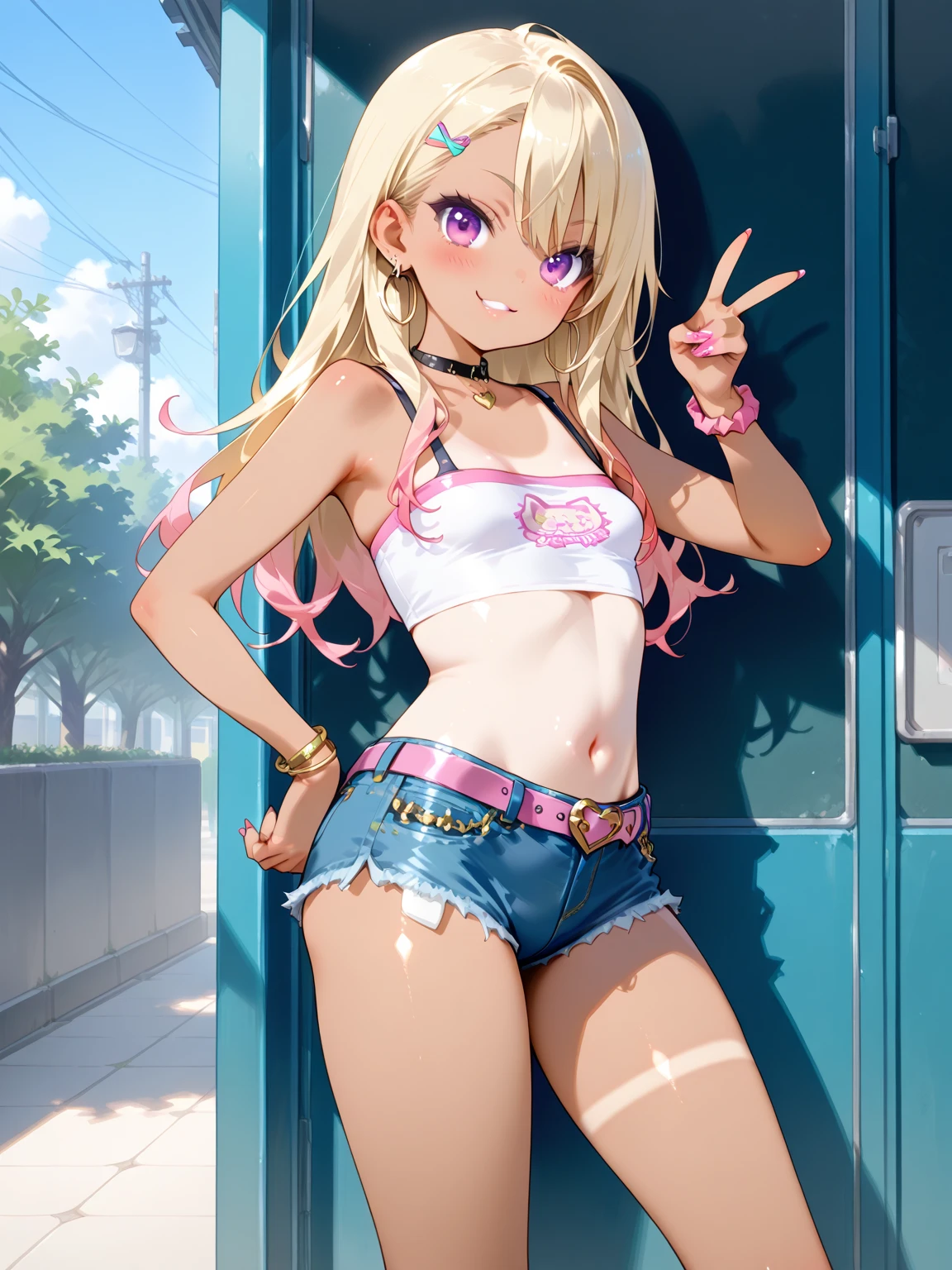 (busty girl), solo, (unexpected expression)(mouth open, (white jacket), (pink shirt)short width, (erotic lingerie)(crotch open)labia(erect clitoris), (covered nipples), narrow constricted waist, belly button, Small hips, bare hips, (partially exposed)vulva(labia), (blond hair)buns(twintails), white ribbon, large eyes, blue eyes, sunny metropolis
