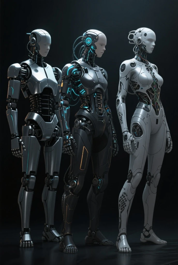 Three female robots
　perfect face
　They are looking at each other&#39;s bodies
　The female robot in the middle is shy.
　whole body mechanics
　Everything except the face is machine
　Internal skeleton fully visible
　The female internal skeletons on the left and right are filled with machinery.
　There is not much difference in height
　The female robot on the left has mermaid-like legs and tires.
　The female robot in the middle has spider-like legs with tires on each leg.
　The female robot on the right has three tripod-like legs and tires on all legs.
　maintenance shop