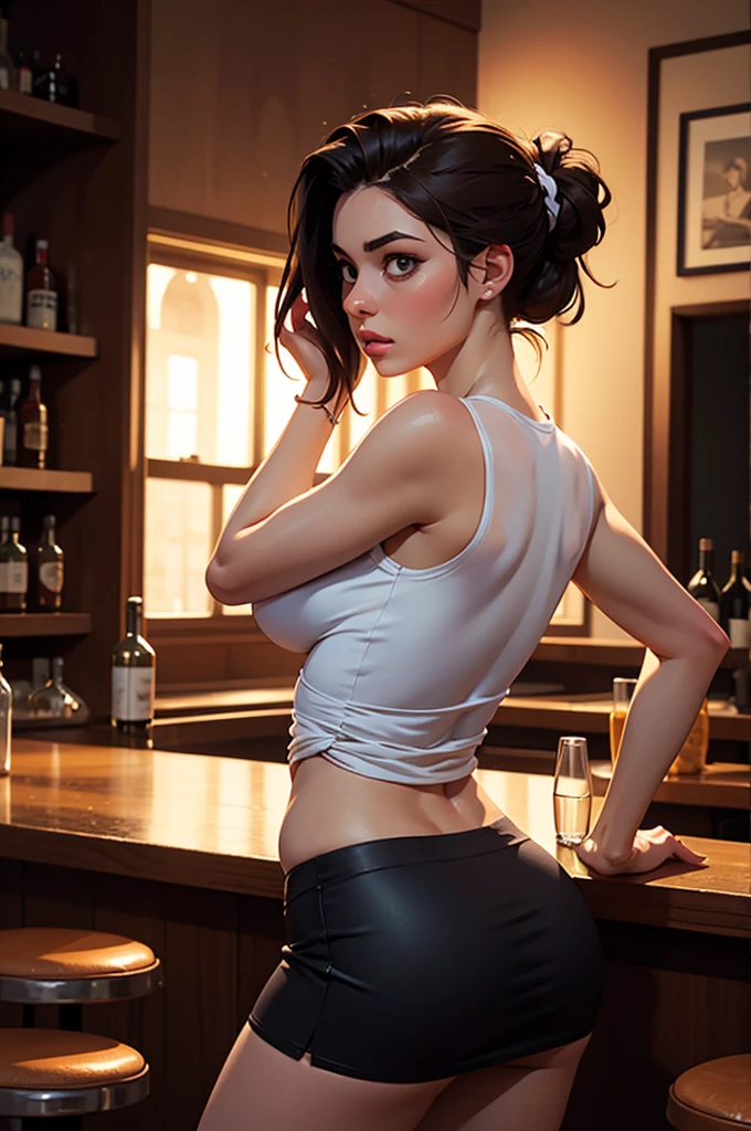 illustration of a busty (Denise Milani) behind a bar counter serving a beer, in a cozy bar, wearing a short white tank top, suspenders, red fighting gloves. highly detailed, intricate details, best quality, masterpiece, 4k resolution, anime, art, low light, night. looking at the viewer, facing the viewer, eye contact, expressive look