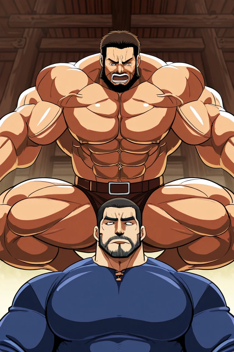 manga, monochrome, white background, heel wrestler wearing gray tights, wrestler's crotch is clenched by other hand, hunk, middle-aged man, pale face, eyes wide open with agony face, puckered lips and mouth open, raise eyebrows, shirtless, combed-back hair, beard, forward-jutting lower jaw, turn face upward, 3 panel comic,