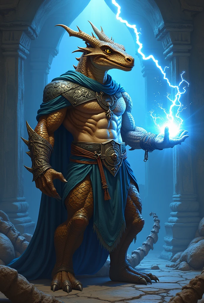 Blue tongued skink Lizardfolk, athletic, cream color body, detailed scales, gray belly, neon blue tongue, red fins from the back, big tail, loincloth, mettalic gauntlet on one hand, comicbook style, best quality, 4k, ultra-detailed, by laobai, by taran fiddler, by honovy
