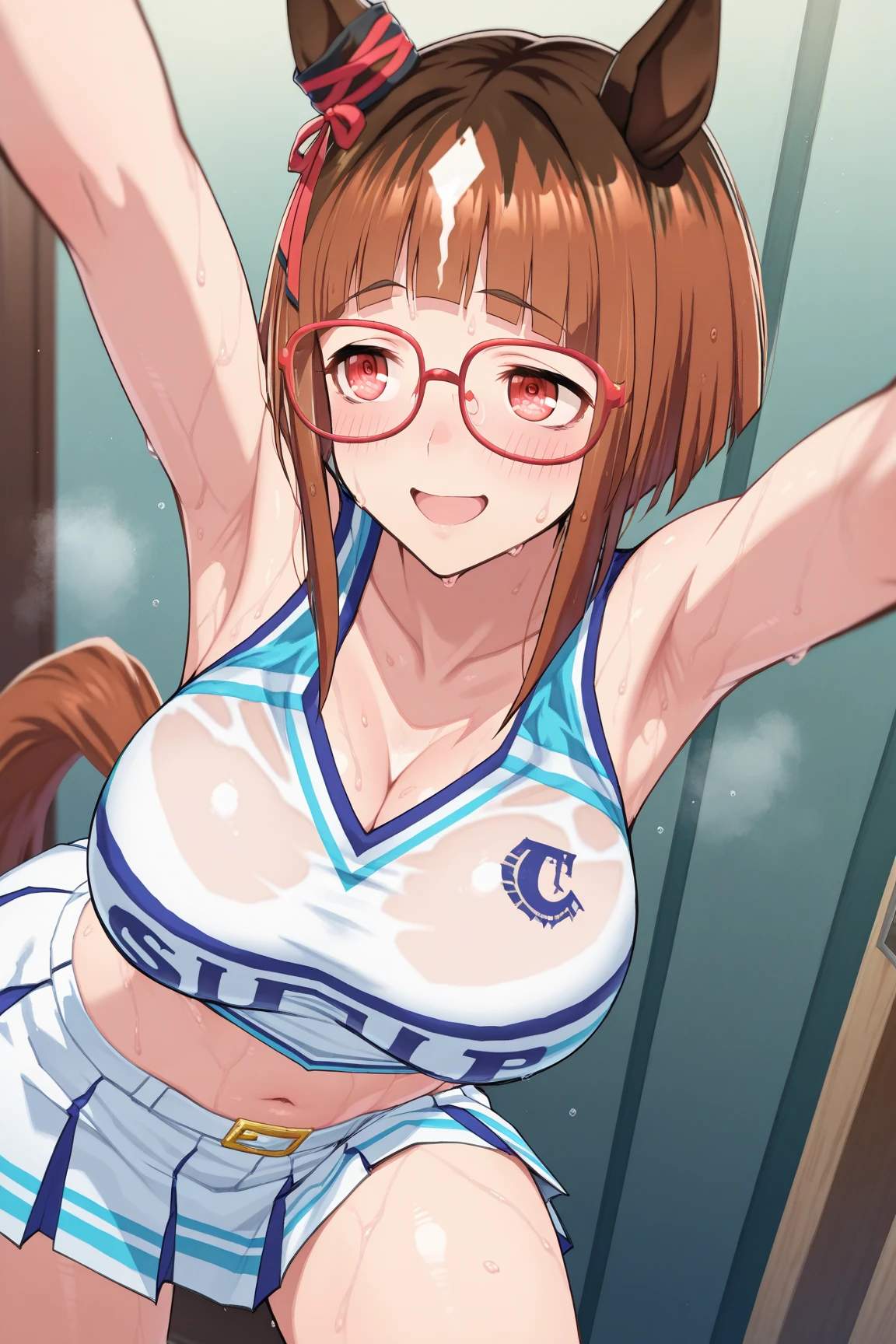 Female mechanic、nsfw、Swollen nipples、Green Eyes、Braid、Brown Hair、Medium Hair、Chubby、Large build、Shirt lift、Hands on chest、((vapor))、Shirt lift、blue baseball hat、headset、Grinning smile、Embarrassing、(Sweat)、(Huge breasts)、Fat belly、Thick thighs、Dark concrete room、