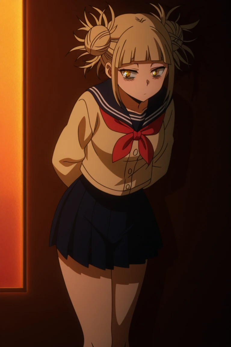 masterpiece,high quality,最high quality,4K,Very detailed,4K,focus on,One girl,himiko toga,(Side to back),From above,Blonde,Yellow Eyes,Glowing Eyes,(Psycho Smile),gesugao,View your viewers,(Dark Alley),night,darkness,(Semen splash)、Are standing,whole body,