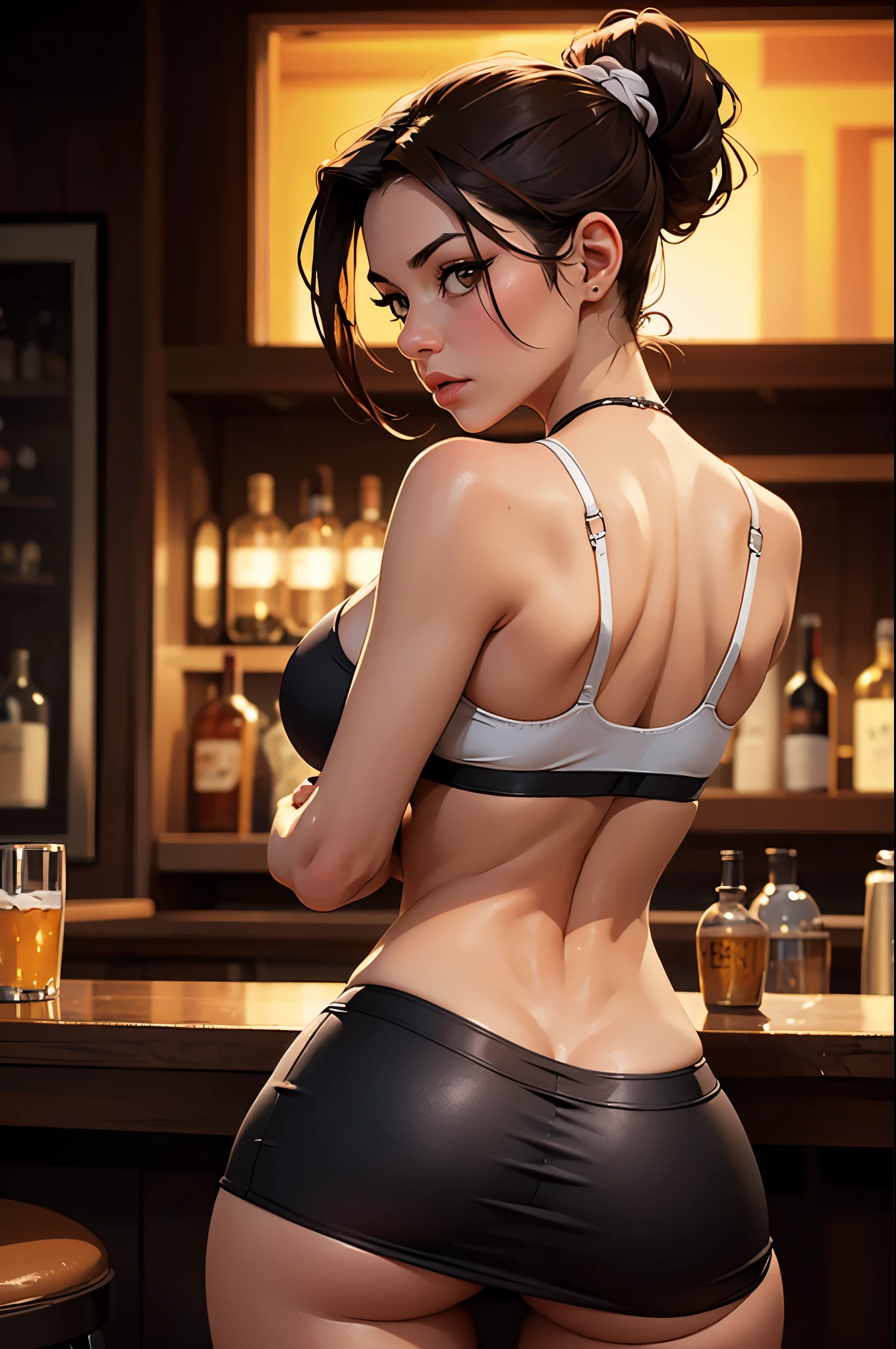 1girl,a beautiful fashion model ,(masterpiece, official art, best quality) (blue eyes) ,long and shiny hair, black hair, long ponytail, hair strand between eyes, full lips, upturned nose ((((tan skin, bronze skin, 1.3)))), big boobs, stripping, elegant makeup, exhibitionism, naked in public, akali, slim thighs, toned body, shiny skin, sexy pose, blue eyes,(( (slender, skinny, slim))), (((bewildered, shocked, blush)))), narrow hips, wearing black thong and see-through top, , ((girl dancing in front of campfire, embarrassed, men surround girl, girl getting groped, wet skin,)), gold hoop earrings, pink eyeshadow, cute face, grope, (((((girl chained to the counter of a bar, helpless, girl is attached to the bar by a collar)))))