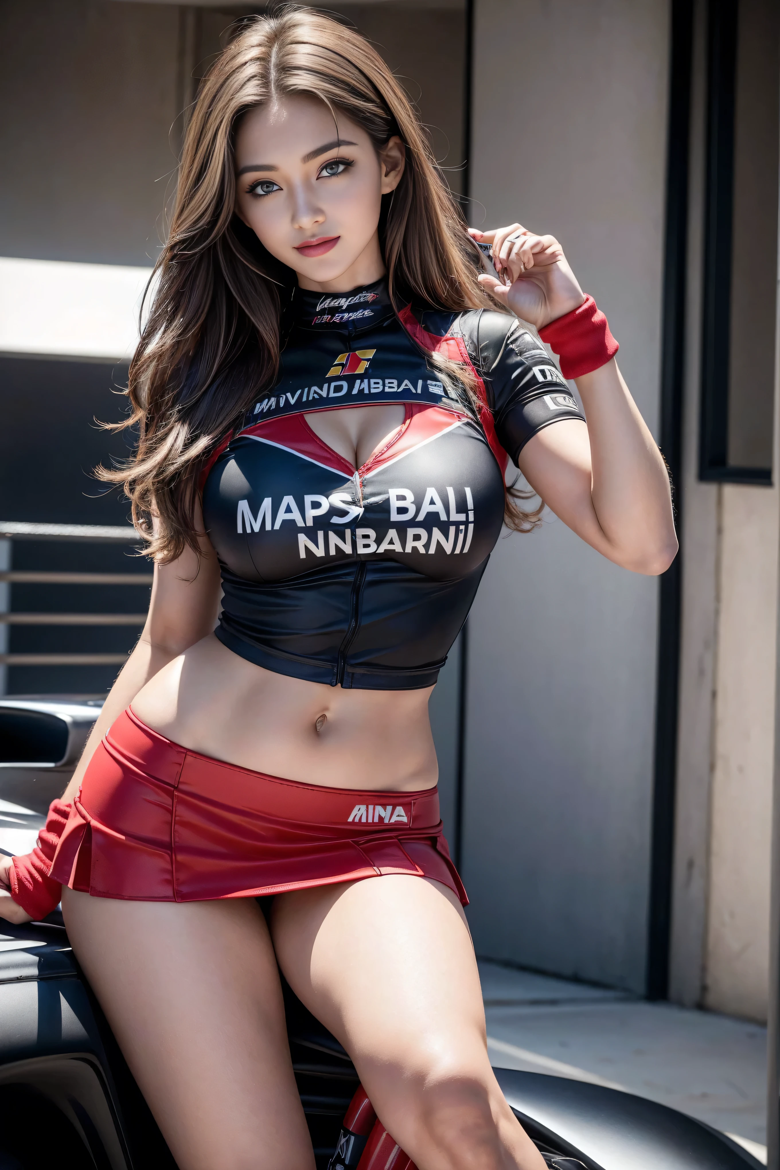 ((NSFW)),(Race Queen, Grid Girls, mini skirt, Collarless sleeveless,Knee-high boots),(masterpiece , highest quality , detailed,8K) , bangs , woman , smile,The wind is strong and the skirt spreads,White high leg panties,