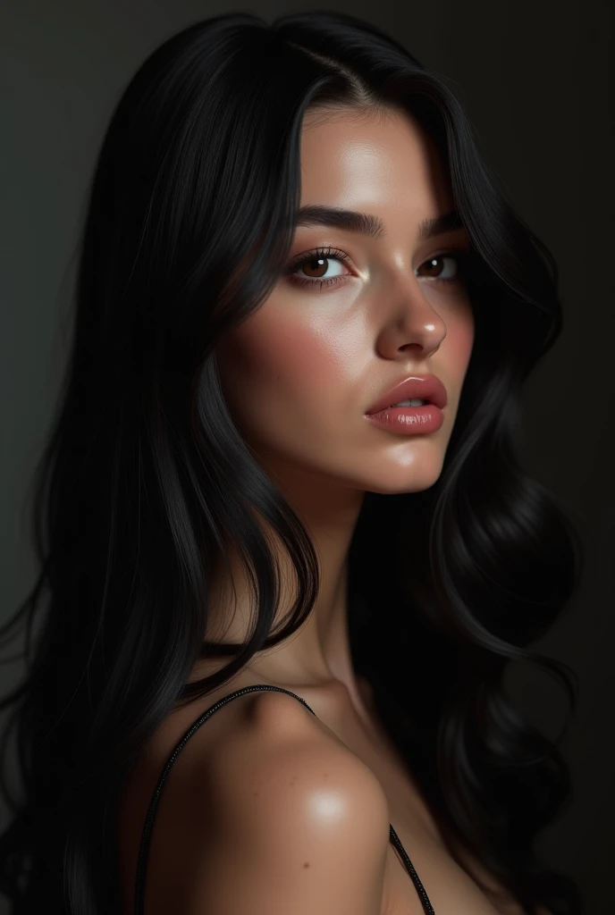 a young woman&#39;s face with black hair , big and long curls, dark brown eyes, wine colored lips, smoky eye makeup with gothic aura, Size XL, brown skin tone