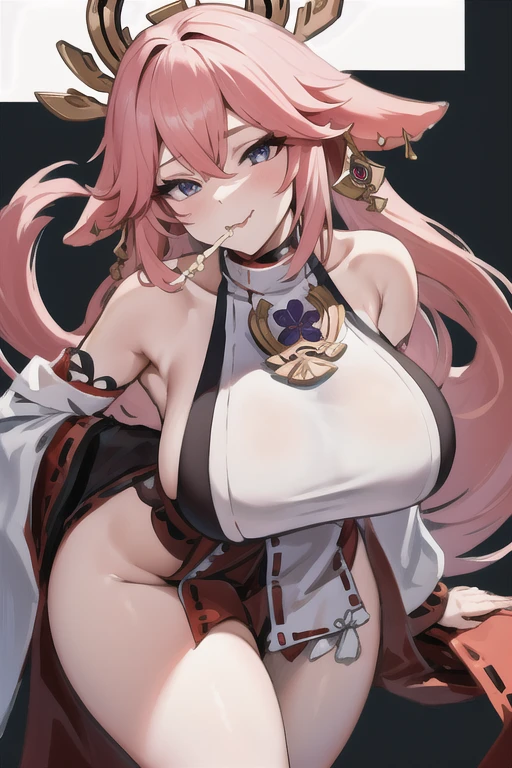 yae miko, decote, apalpando os seios, sorriso sexy, (alta qualidade, 8k, obra prima, qualidade ultra, extremamente detalhado)
1girl, highleg panties, hooded jacket, open jacket, hands, bikini, best quality, highly detailed