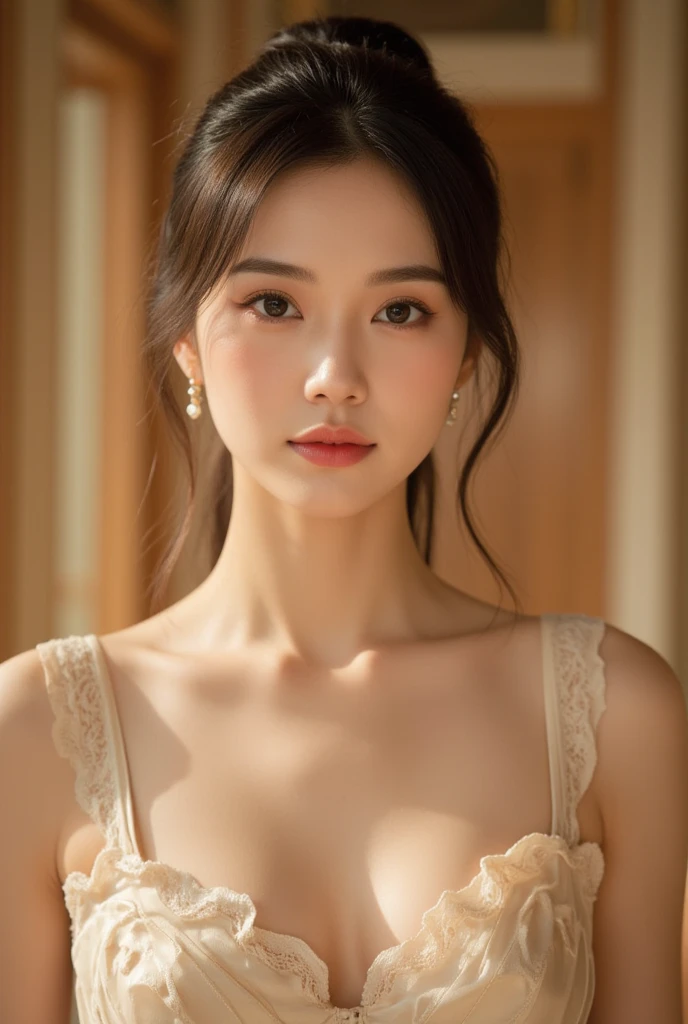 (Masterpiece:1.3), (best quality:1.3), (photography:1.Really hot:1.4), (very complicated:1.3), (Exquisitely detailed skin), bright colors, shallow depth of field, Ultra high resolution, 8k, UHD, Too realistic, perfect anatomy, best shadow, Ray tracing, Delicate, There are complicated details., raw photos, HDR, Sharp focus, front view, 1 girl, alone, (big breasts:1.3),bare,see breasts,see gender,Hairy Sex Straight, white skin, Random hairstyle, photography of beautiful woman fashion model , สวมมงกุฏทองคำบนศีรษะ decorationsผม, glossy lips, eyelid, decorations, earring, looking at the audience, mischievous face, Naughty smile, dynamic gesture, Conceptual Thai temple background, very close