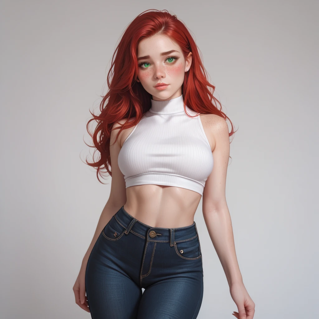 high angle photo of a gorgeous young woman in the style of stefan kostic, (red hair), very very long hair, very big blue eyes, realistic skin texture, looks up, white sweatshirt, white thong, slender hips, 1 / 2 body crop, 8 5 mm art lens, f 1. 2, sharp focus, 8 k high definition, insanely detailed, intricate, elegant, art by stanley lau and artgerm