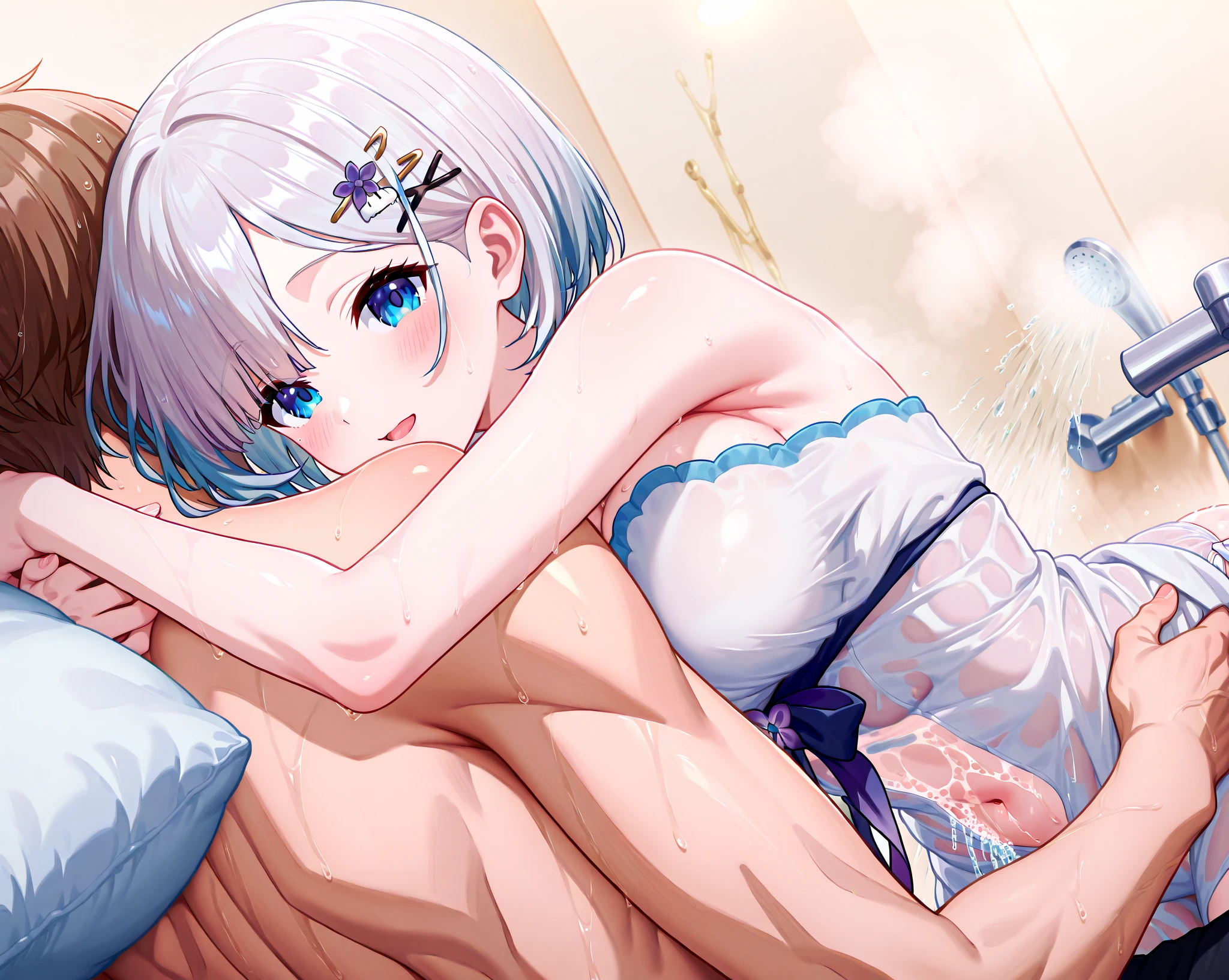 This is a Japanese hot spring inn.、I will take a photo of her sleeping from the front.、deep in the night、A 27-year-old woman with small breasts is sleeping on her back on a futon.、White medium shorthair with blue-purple mesh、pure white bob hair、Eyes closed、She is sleeping with a white bath towel wrapped around her.、barechested、You can see my bare chest、small tits、discreet breasts、A sleeping face that looks comfortable、hiquality、High Details、high-level image quality、4K picture quality、drawn by Japanese ilastrator