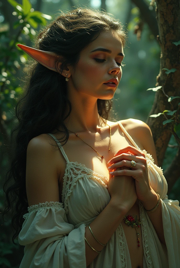 Extremely busty thin and toned brunette elf maiden, elegant woman, fair skin, loose updo, soft face, elf ears, athletic, see-through white dress, jewelry, bangles, gold accessories. detailed background, elvish garden, pavilion, elf city.