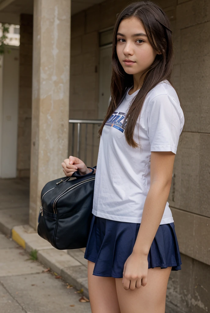 (High school girls walking in a Japanese school:1.2、indoor、Sitting on a chair in the classroom)、((school uniform、White blouse、(Navy blue checked pleated skirt:1.2)、Navy blue socks、loafers)、(Sports Bags、The strap of the bag passes between the chest、paisla:1.5)、(Realistic、Like a photograph、Live Action、8k, Realistic, RAW Photos, Best image quality: 1.4), Single-lens reflex camera、RAW Photos, Highest quality, Realistic, Highly detailed CG Unity 8k wallpaper, Written boundary depth, Cinematic Light, Lens flare, Ray Tracing, Realistic background、((Ultra-Dense Skin))、 16 year old girl after school,cute Japanese、(whole body:1.5)、Very detailedな顔,avert your eyes:1.1、(Long Hair:1.2、My hair is blowing in the wind:1.4)、I like that style、stylish、Very detailed、Pay attention to the details、Perfect outfit、(Sunburned skin)、View from below、Accurate hands、Accurate legs、Detailed hands and fingers、Anatomically correct body、Thin legs、Thin thighs、Small breasts、Super detailed face