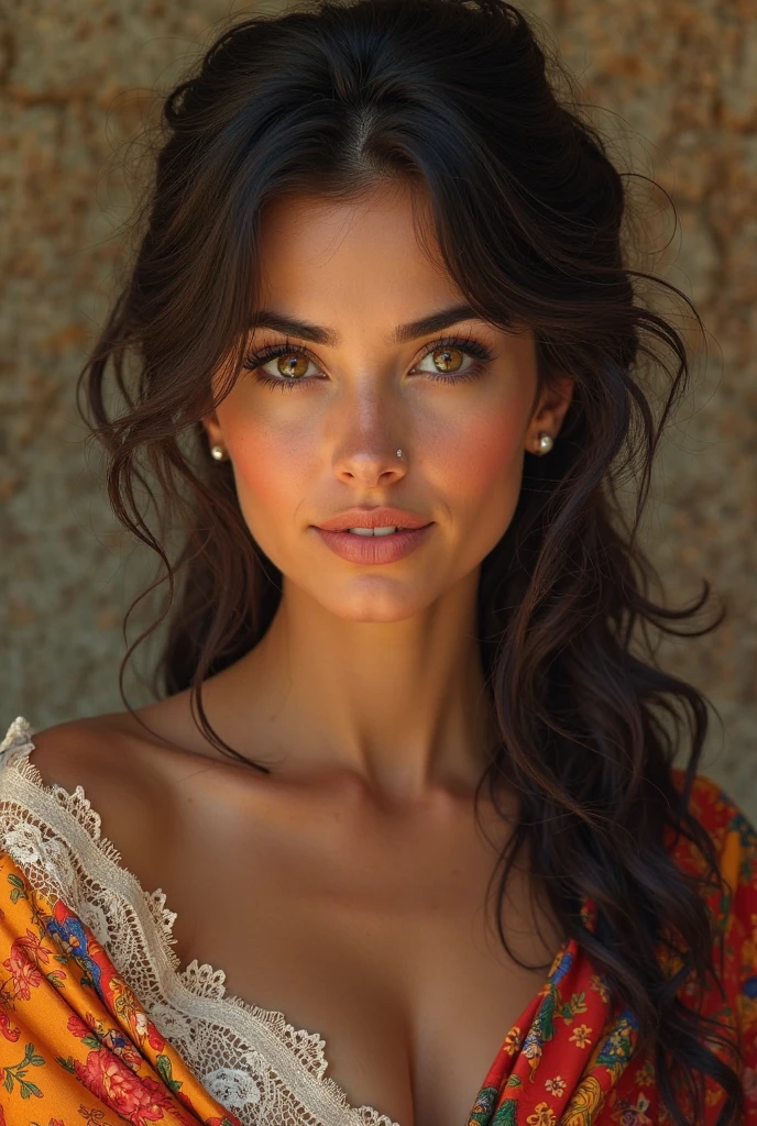 Beautiful boho women stunning merge of Camille Guaty. with colorful southwestern style dress. colorful southwestern earing and. jewelry dark-black colored hair that is coarse, wiry, and tightly curled. It often has a rough texture, feels stiff to the touch, and may be prone to frizz and tangling. The curls can be densely packed. The Official Art – An Award-Winning Digital Masterpiece In 4K Ultra HD, Extreme Detail And Intricate Realism. symmetrical face. This Concept Art Brought To Life By The Hands Of Artists Like Wlop & Artgerm In A Stunning 2D Vector Illustration. large, perky, full, vuluptious, symmetrical and spherical breasts. Background is a beautiful panoramic vista of a red rock canyon.