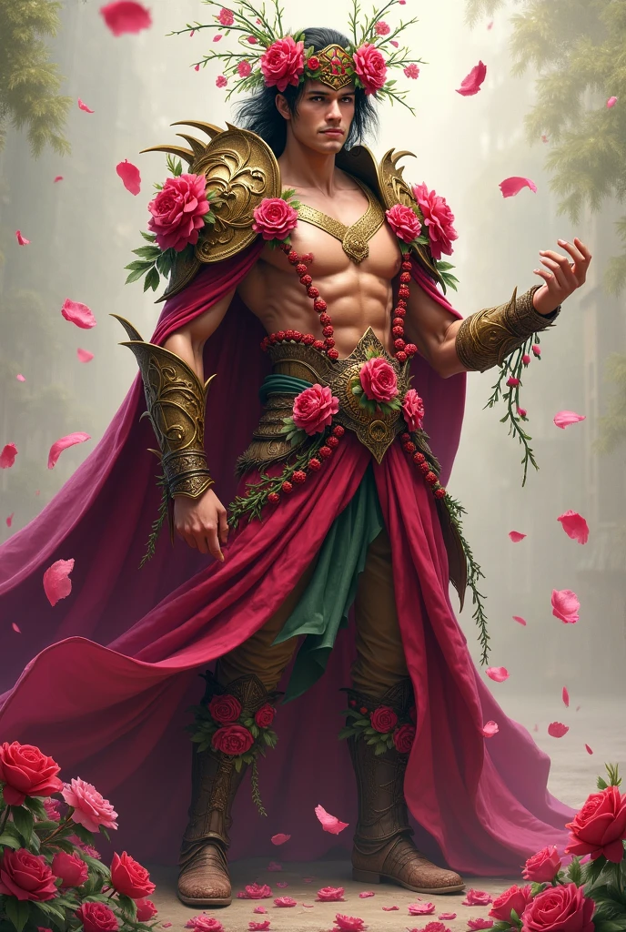 (absurdres, highres, ultra detailed), 1 male, solo, beautiful, handsome, tall muscular guy, smooth skin, sexy gaze, mature, verious red and pink roses around him, the man is standing comfortably in the roses, from directly above, gorgeous, wet, model pose, colorful, artistic, depth of field, focus on his calm facial features, elegant look, looking at the viewers romantically, shirtless, bare body, wearing black flirty touch underwear, tattooed chest, full body tattoos,