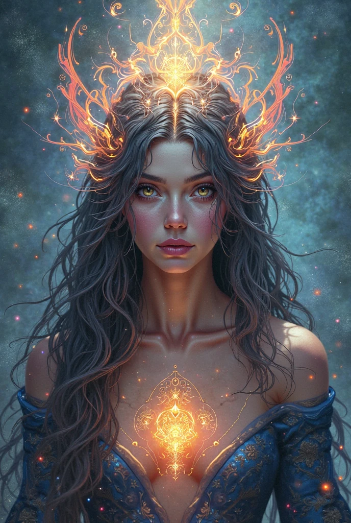 A dream of a distant galaxy, poster art, wearing headphones, LOOKING AT CAMERA:1.7, she wore scarlet begonias tucked into her curls, begonias by David Lozeau, filigree, several scarlet begonias, rainbow lighting, bright spotlight at top left for highlights, soft front fill light, artgerm, artstation, by Daniel Merriam and Alphonse Mucha, concept art, matte painting, HQ, 4k