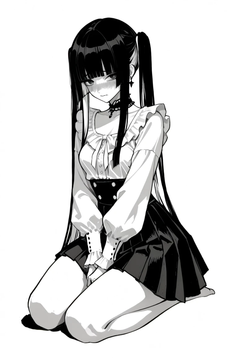 NSFW,(masterpiece:1.4), (Highest quality:1.4),Character portrait,Full Art, rough sketch,Pencil drawing,Very detailed, Complex, Super detailed,Anime girl with cat ears,独奏,Stagnant eyes,Black eyeshadow,Soft white fluff inside the ear,Long straight black hair,Gothic Lolita,Black and white fashion,A skirt that is longer only at the back,Separate ruffle sleeves,Punk style skirt belt,Accessories of chains on the waist,Punk style chest plate,Gothic Boots,skirt lift,Black frilly micro panties,Stain on pants,pussy juice