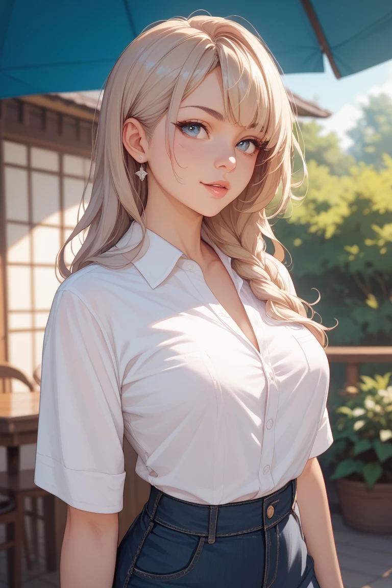 (masterpiece:1.2, top-quality), (realistic, photorealistic:1.4), beautiful illustration, (natural side lighting, movie lighting),
looking at viewer, cowboy shot, front view:0.6, 1 girl, japanese, high school girl, perfect face, cute and symmetrical face, shiny skin,
(middle hair:1.5, white hair), hair between eyes, blue eyes, long eye lasher, (large breasts:0.9, thick thighs),
beautiful hair, beautiful face, beautiful detailed eyes, beautiful clavicle, beautiful body, beautiful chest, beautiful thigh, beautiful legs, beautiful fingers,
((black pleated mini skirt, black stockings, unbuttoned white shirt)), black hair ribbon, pink panties,
(beautiful scenery), evening, riverside, walking, hands on chest, (excited face, very happy),