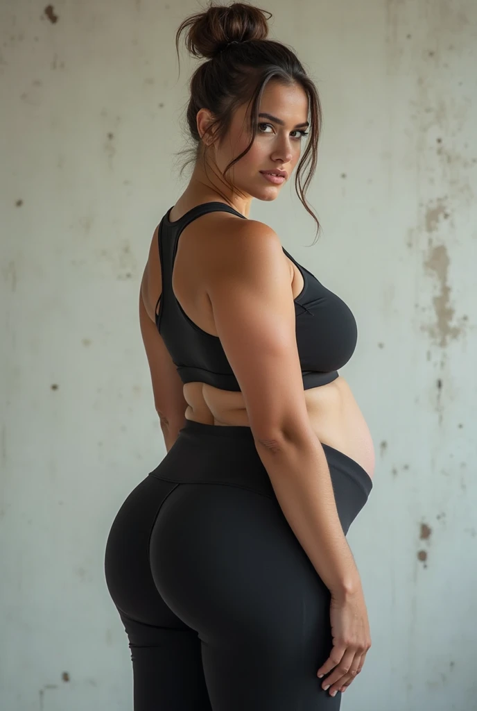 ((top-quality、8K、tmasterpiece:1.3))、A tall and beautiful woman、short shorts. Sport shorts. Thigh gap. Perfect figure:1.4、Slim tummy、light brown hairstyle、short detailed hair、Light gray yoga pants、No postural movement、Stand up straight、Huge bust、Highly detailed facial and skin texture. breasts, curvy body, plump body, huge big ass, thick body, curvy body type, voluptuous body type, busty body type, thick body type, big chest, big