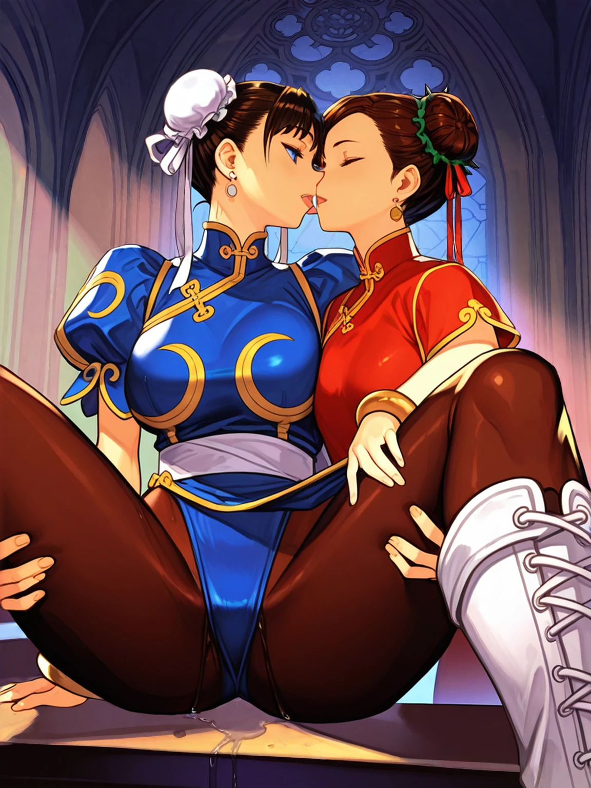 2 women hugging in a ring, vestindo roupas sexly de MMA, On a hot summer day, sexly:1,5, yuri, lesbian, NSFW, Lewd:1,5,juri han,chun li